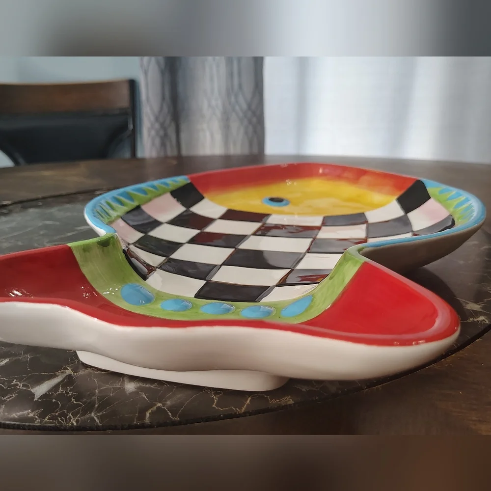 Linens-n-Things Colorful Checkered Fish-Shaped Ceramic Dish Large